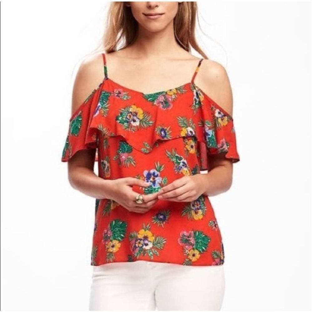 Womens Old Navy Red Floral Flutter Sleeve Cold Shoulder Top - Sz S